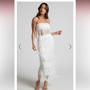 Amalee fringe strapless crop top and midi skirt two piece set in white